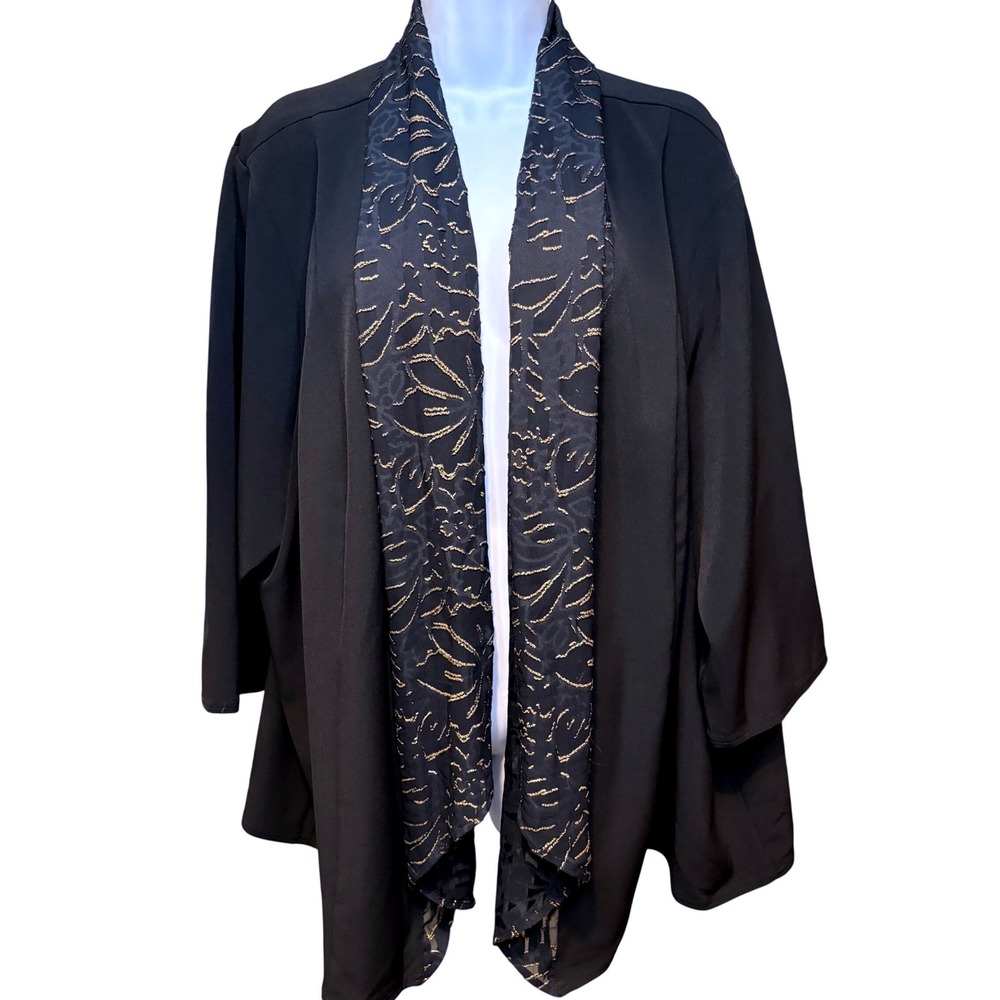 NWT CATHERINES Black Goldโ Metallic Trim Open Cardigan Kimono 3X Cocktail Draped